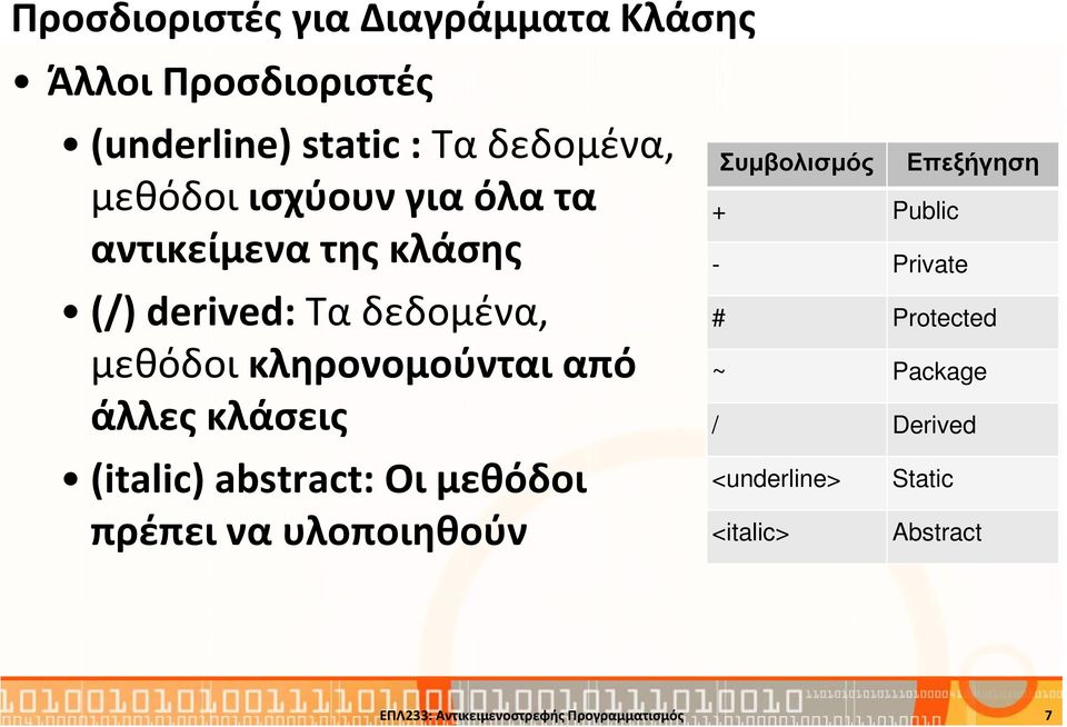 κλάσεις (italic) abstract: Οι μεθόδοι πρέπει να υλοποιηθούν Συµβολισµός Επεξήγηση + Public - Private #