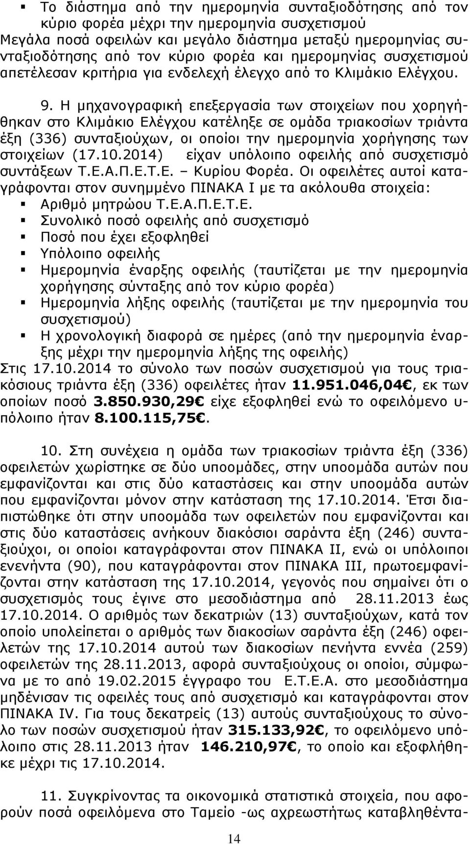 Η µηχανογραφική επεξεργασία των στοιχείων που χορηγήθηκαν στο Κλιµάκιο Ελέγχου κατέληξε σε οµάδα τριακοσίων τριάντα έξη (336) συνταξιούχων, οι οποίοι την ηµεροµηνία χορήγησης των στοιχείων (17.10.