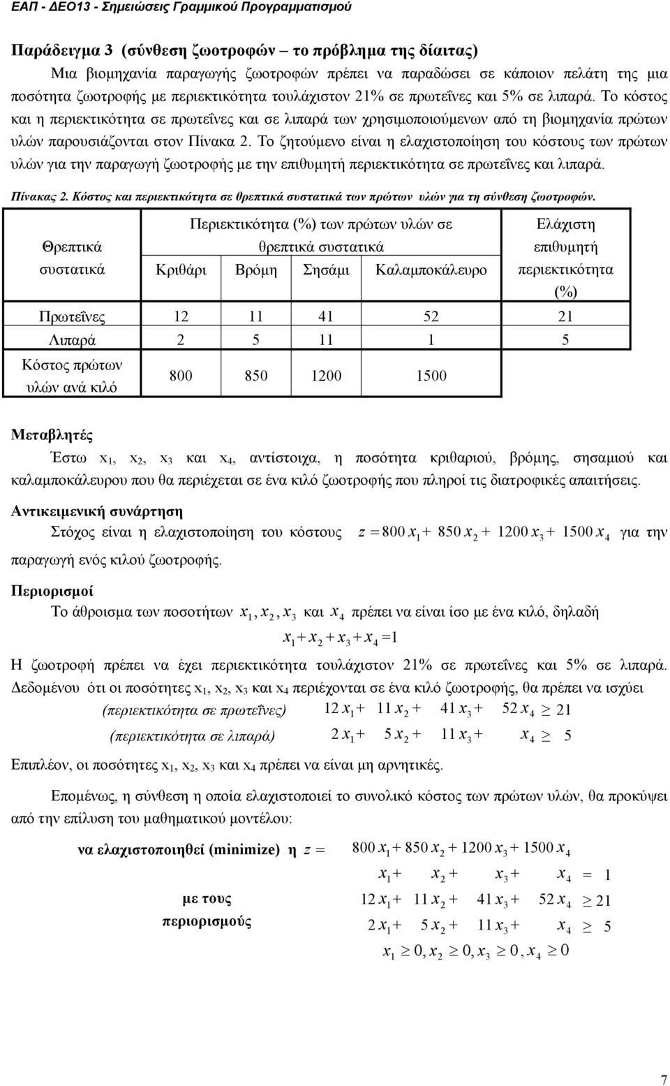 Το ζητούµενο είναι η ελαχιστοποίηση του κόστους των πρώτων υλών για την παραγωγή ζωοτροφής µε την επιθυµητή περιεκτικότητα σε πρωτεΐνες και λιπαρά. Πίνακας.