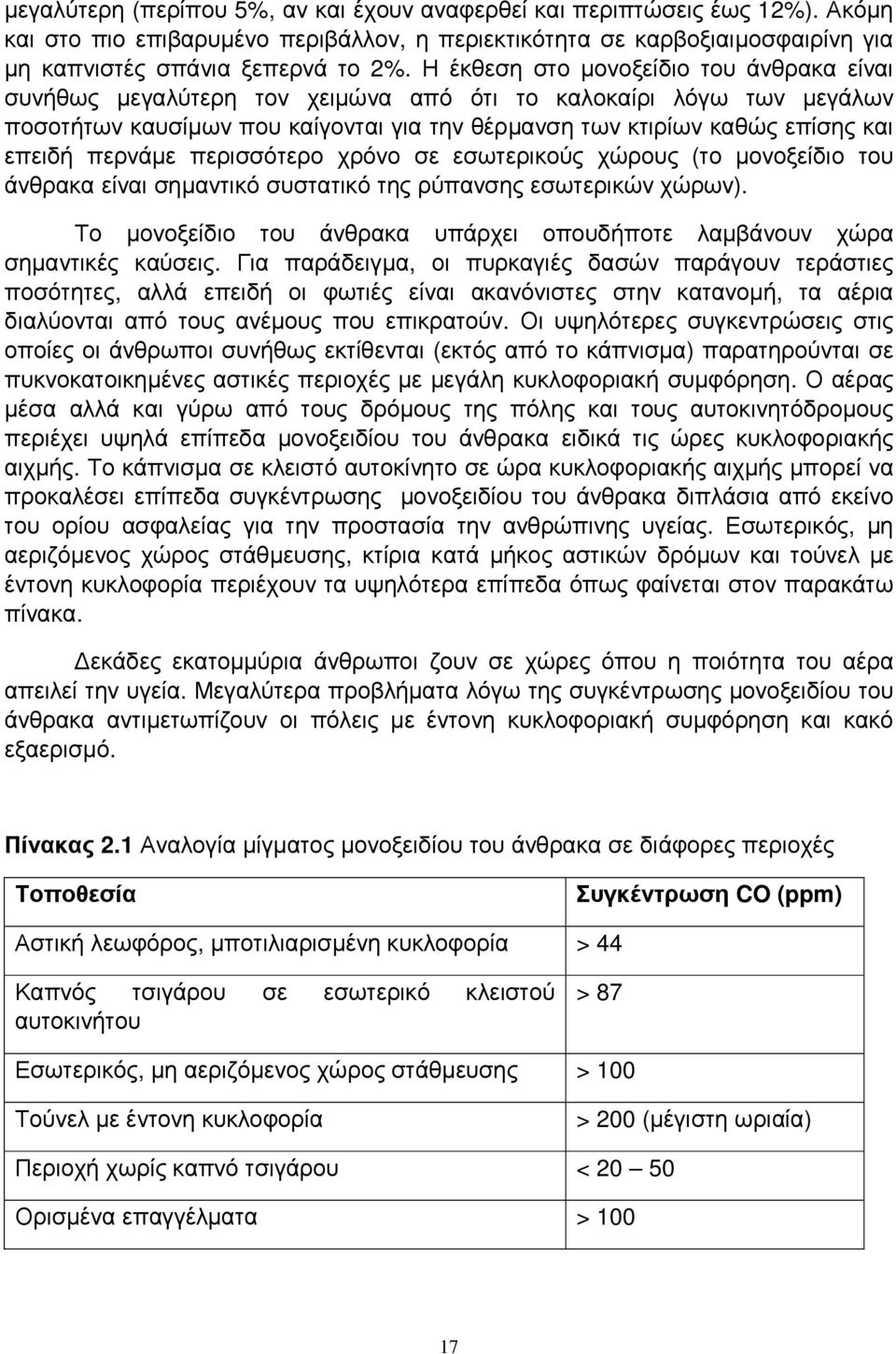 περνάµε περισσότερο χρόνο σε εσωτερικούς χώρους (το µονοξείδιο του άνθρακα είναι σηµαντικό συστατικό της ρύπανσης εσωτερικών χώρων).