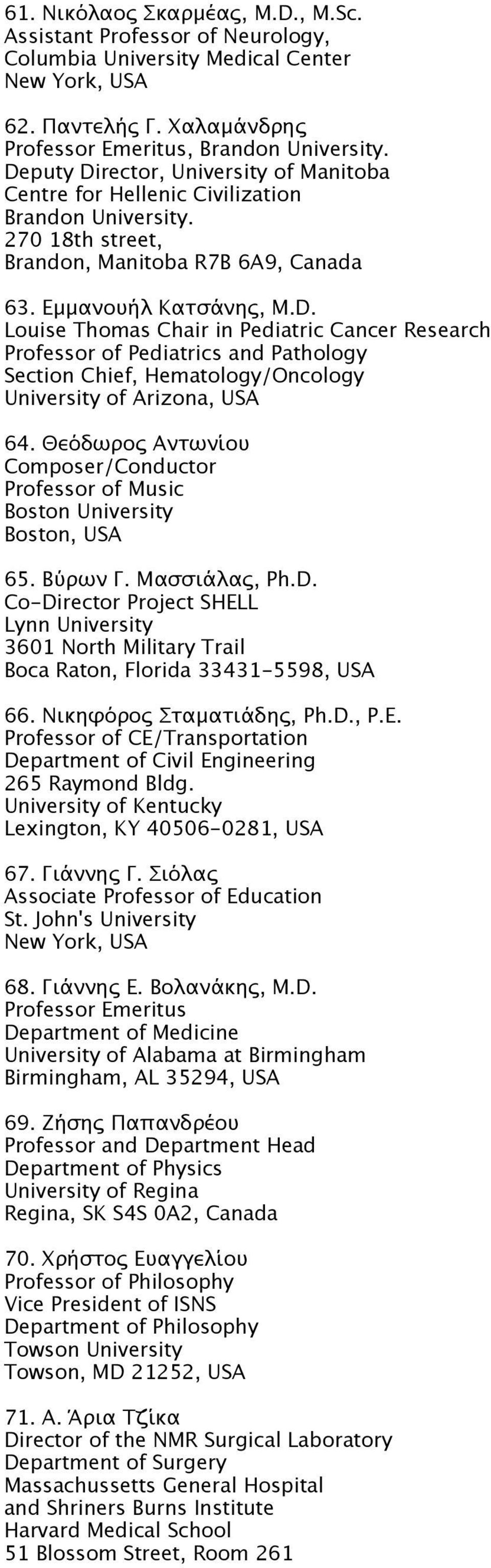 Θεόδωρος Αντωνίου Composer/Conductor Professor of Music Boston University Boston, USA 65. Βύρων Γ. Μασσιάλας, Ph.D.