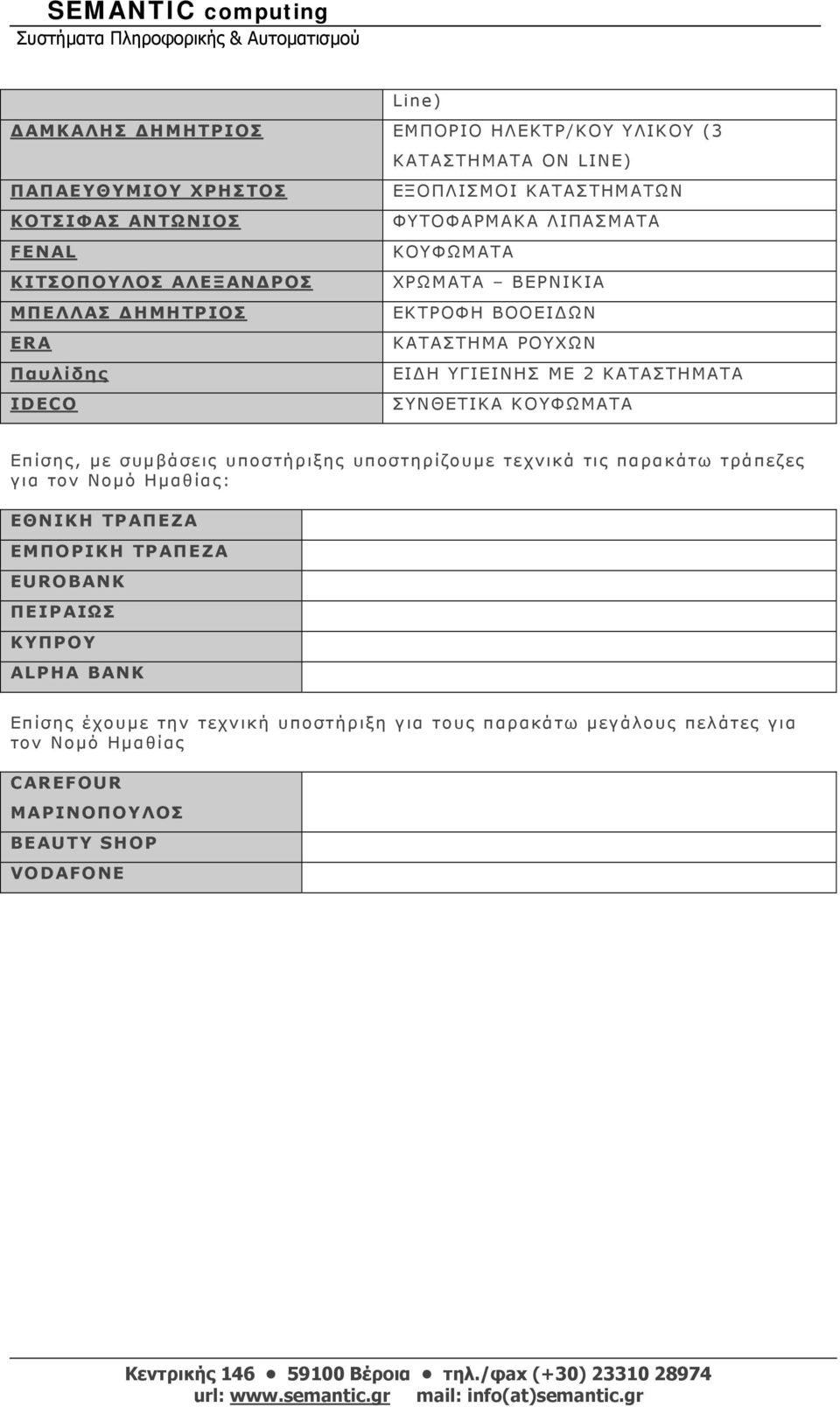 ΣΥΝΘΕΤΙΚΑ ΚΟΥΦΩΜΑΤΑ Επίσης, με συμβάσεις υποστήριξης υποστηρίζουμε τεχνικά τις παρακάτω τράπεζες για τον Νομό Ημαθίας: ΕΘΝΙΚΗ ΤΡΑΠΕΖΑ ΕΜΠΟΡΙΚΗ ΤΡΑΠΕΖΑ EUROBANK