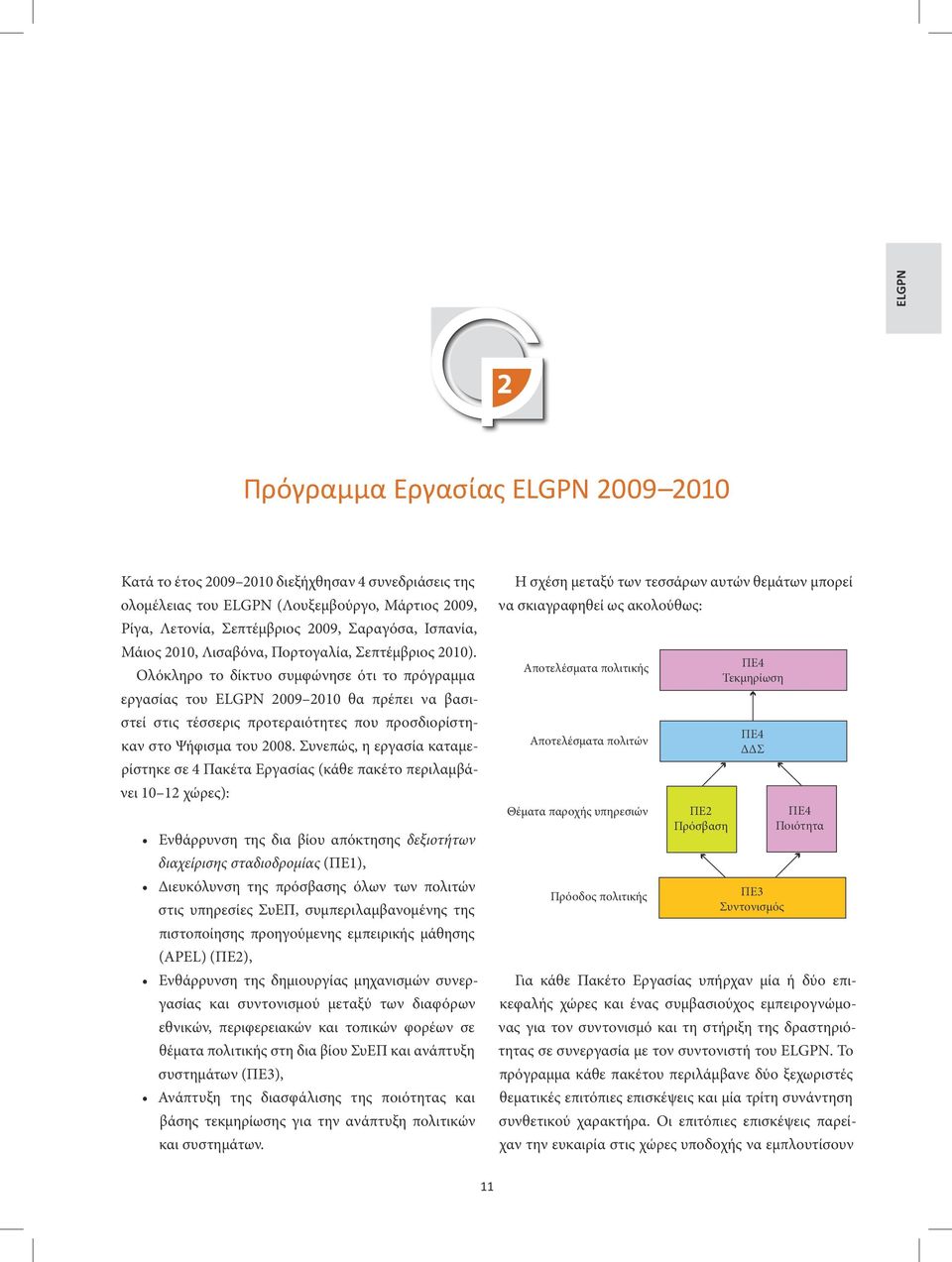 Ολόκληρο το δίκτυο συμφώνησε ότι το πρόγραμμα εργασίας του ELGPN 2009 2010 θα πρέπει να βασιστεί στις τέσσερις προτεραιότητες που προσδιορίστηκαν στο Ψήφισμα του 2008.