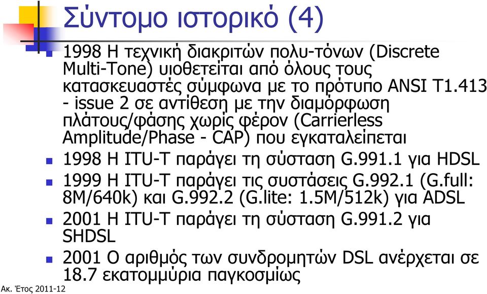 413 - issue 2 σε αντίθεση με την διαμόρφωση πλάτους/φάσης χωρίς φέρον (Carrierless Amplitude/Phase - CAP) που εγκαταλείπεται 1998 H ITU-T