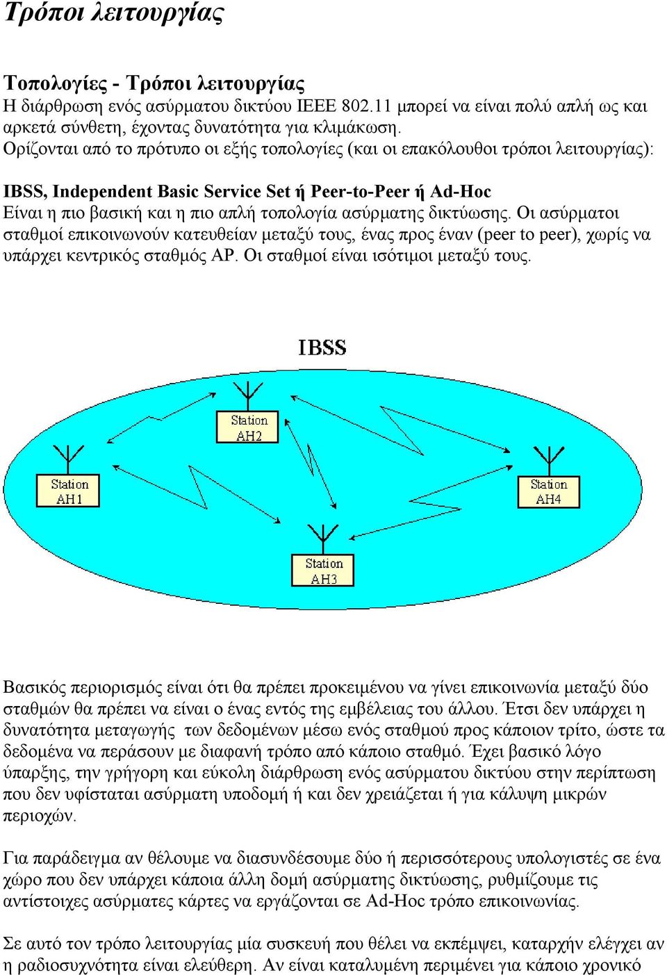 δικτύωσης. Οι ασύρµατοι σταθµοί επικοινωνούν κατευθείαν µεταξύ τους, ένας προς έναν (peer to peer), χωρίς να υπάρχει κεντρικός σταθµός AP. Οι σταθµοί είναι ισότιµοι µεταξύ τους.