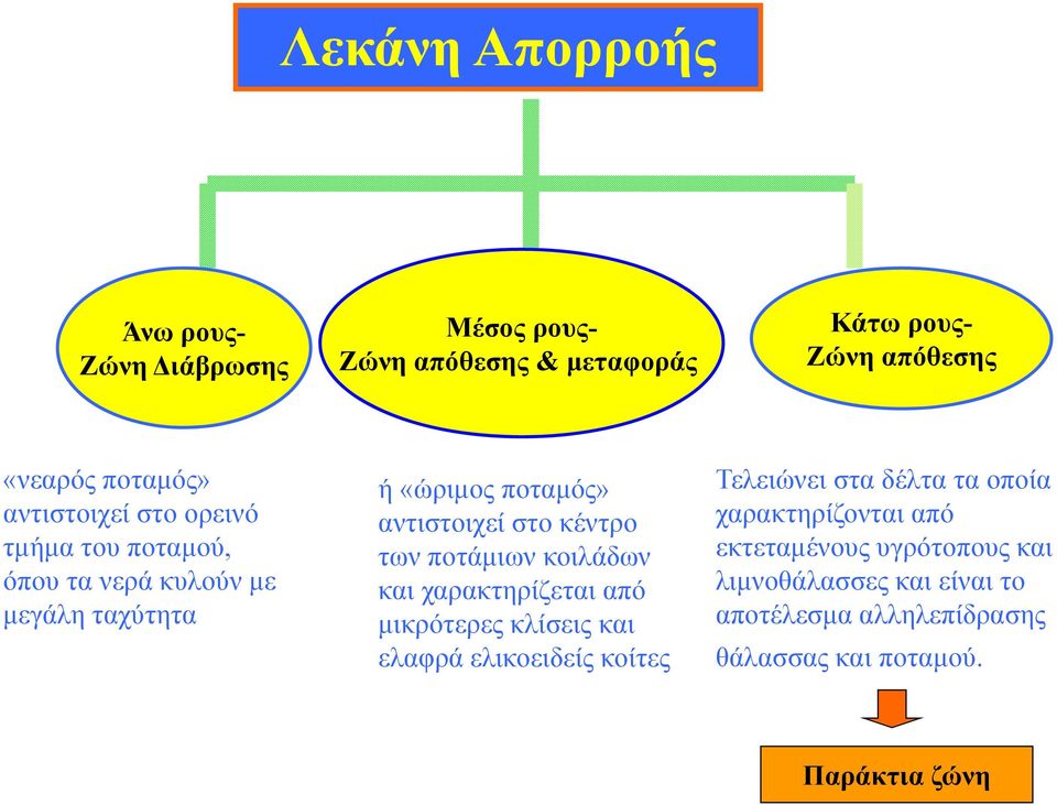 των ποτάμιων κοιλάδων και χαρακτηρίζεται από μικρότερες κλίσεις και ελαφρά ελικοειδείς κοίτες Τελειώνει στα δέλτα τα οποία