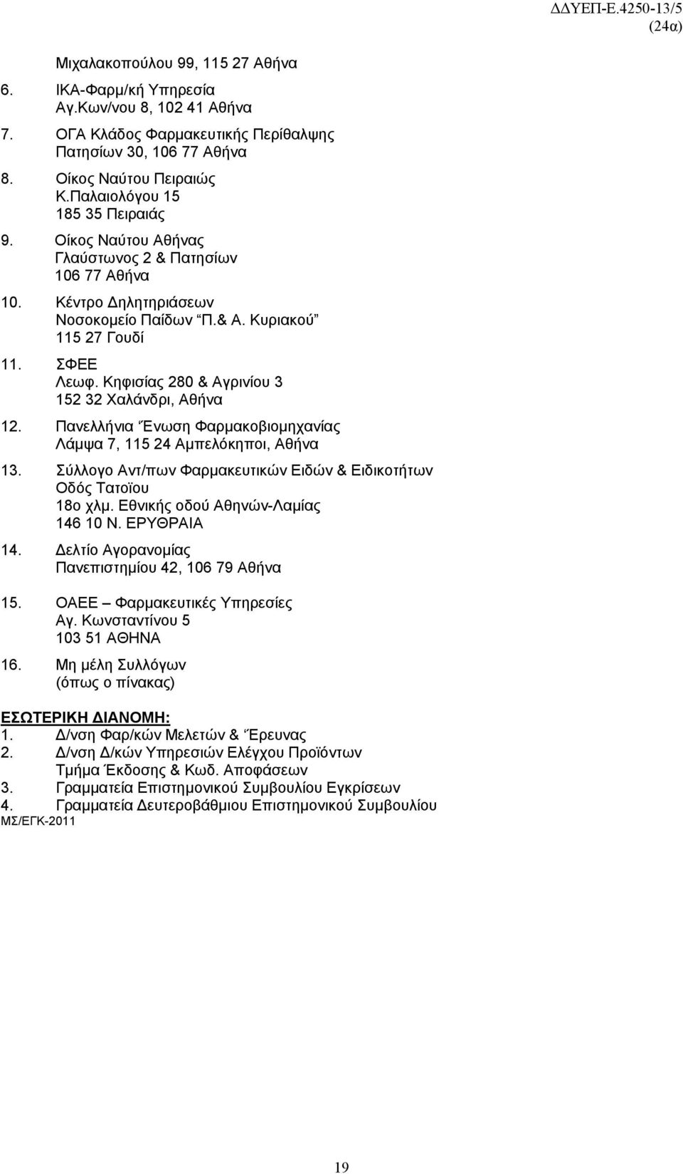 Κηφισίας 280 & Αγρινίου 3 152 32 Χαλάνδρι, Αθήνα 12. Πανελλήνια Ένωση Φαρμακοβιομηχανίας Λάμψα 7, 115 24 Αμπελόκηποι, Αθήνα 13. Σύλλογο Αντ/πων Φαρμακευτικών Ειδών & Ειδικοτήτων Οδός Τατοϊου 18ο χλμ.