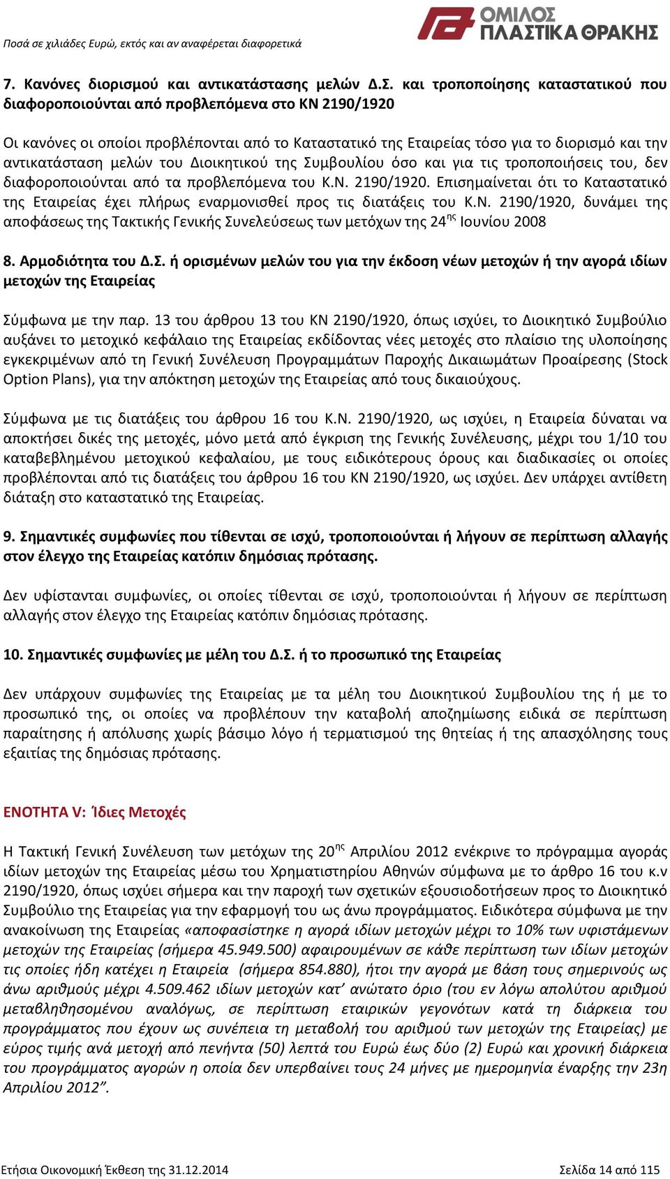 μελών του Διοικητικού της Συμβουλίου όσο και για τις τροποποιήσεις του, δεν διαφοροποιούνται από τα προβλεπόμενα του Κ.Ν. 2190/1920.