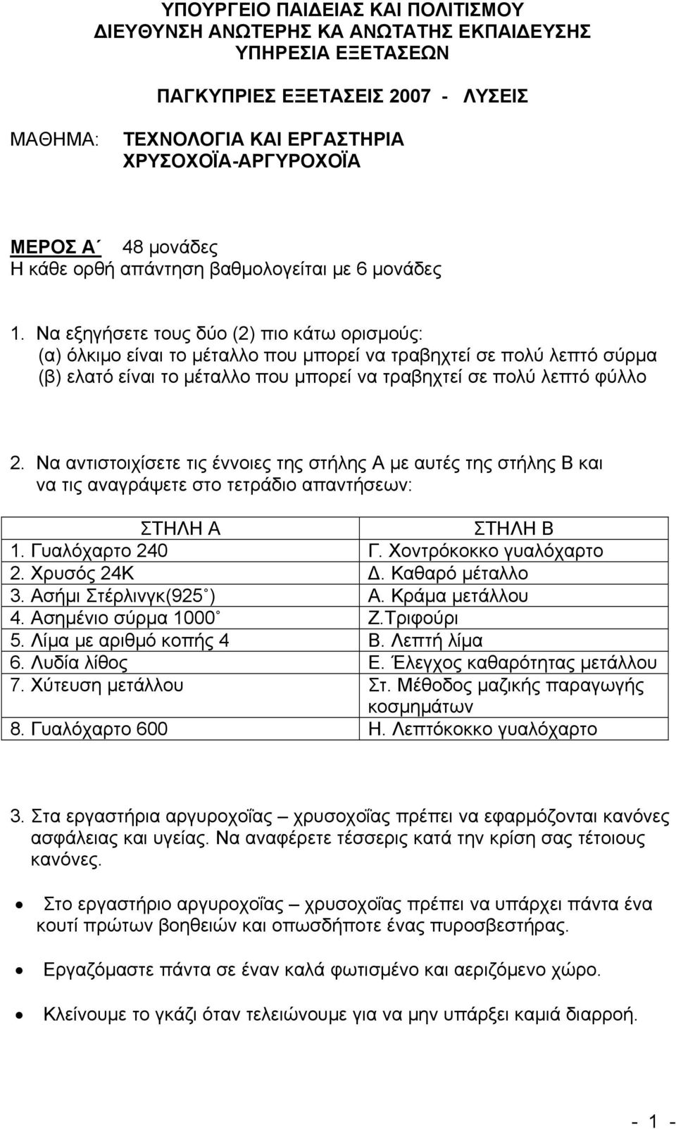 Να εξηγήσετε τους δύο (2) πιο κάτω ορισμούς: (α) όλκιμο είναι το μέταλλο που μπορεί να τραβηχτεί σε πολύ λεπτό σύρμα (β) ελατό είναι το μέταλλο που μπορεί να τραβηχτεί σε πολύ λεπτό φύλλο 2.