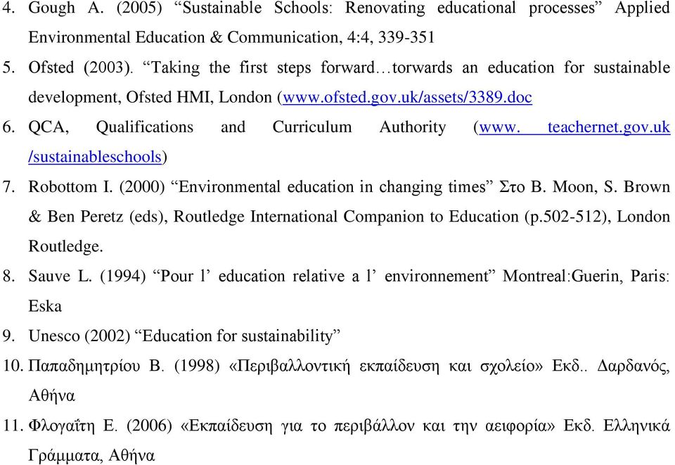 teachernet.gov.uk /sustainableschools) 7. Robottom I. (2000) Environmental education in changing times Στο Β. Moon, S. Brown & Ben Peretz (eds), Routledge International Companion to Education (p.