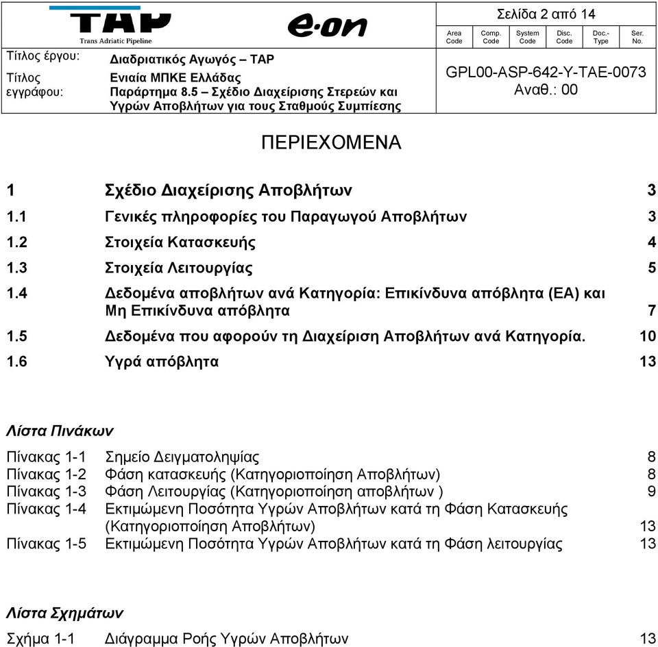 6 Υγρά απόβλητα 13 Λίστα Πινάκων Πίνακας 1-1 Σημείο Δειγματοληψίας 8 Πίνακας 1-2 Φάση κατασκευής (Κατηγοριοποίηση Αποβλήτων) 8 Πίνακας 1-3 Φάση Λειτουργίας (Κατηγοριοποίηση αποβλήτων ) 9