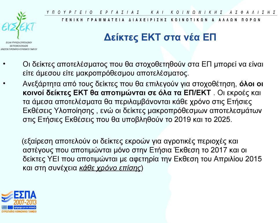Οι εκροές και τα άμεσα αποτελέσματα θα περιλαμβάνονται κάθε χρόνο στις Ετήσιες Εκθέσεις Υλοποίησης, ενώ οι δείκτες μακροπρόθεσμων αποτελεσμάτων στις Ετήσιες Εκθέσεις που θα