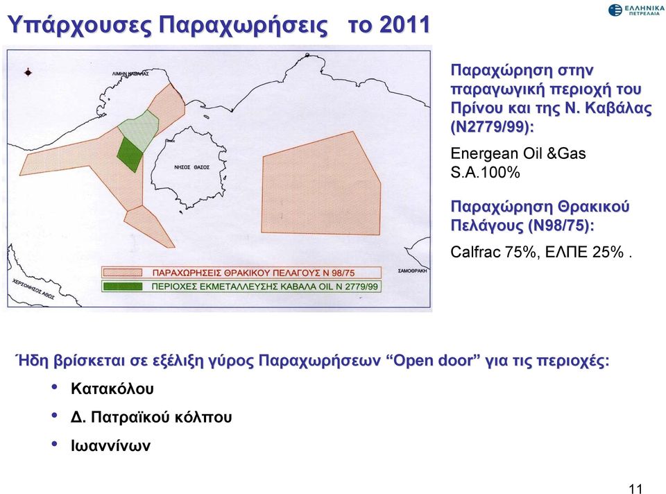 100% Παραχώρηση Θρακικού Πελάγους (Ν98/75) 98/75): Calfrac 75%, ΕΛΠΕ 25%.