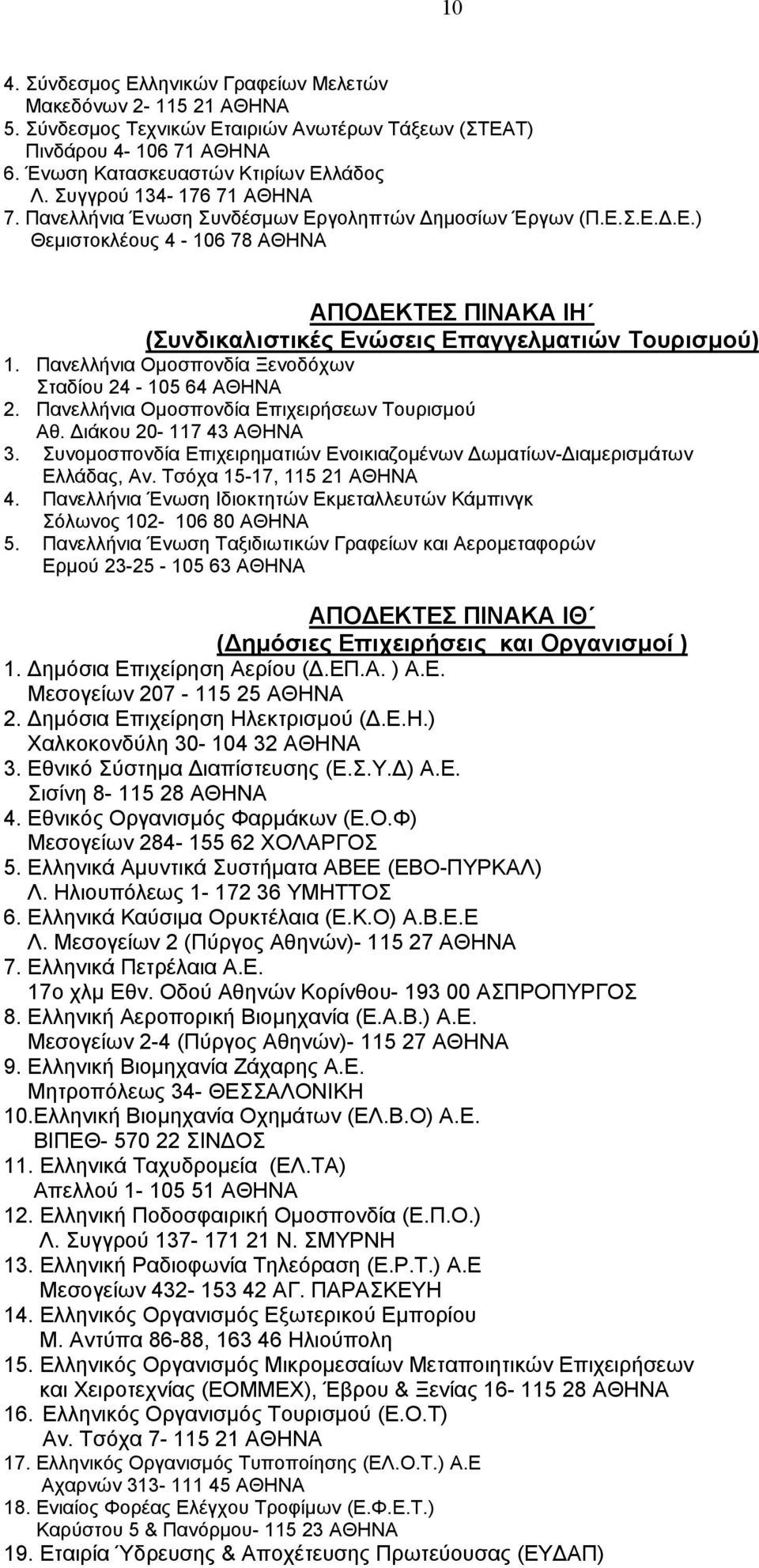 Πανελλήνια Ομοσπονδία Ξενοδόχων Σταδίου 24-105 64 ΑΘΗΝΑ 2. Πανελλήνια Ομοσπονδία Επιχειρήσεων Τουρισμού Αθ. Διάκου 20-117 43 ΑΘΗΝΑ 3.