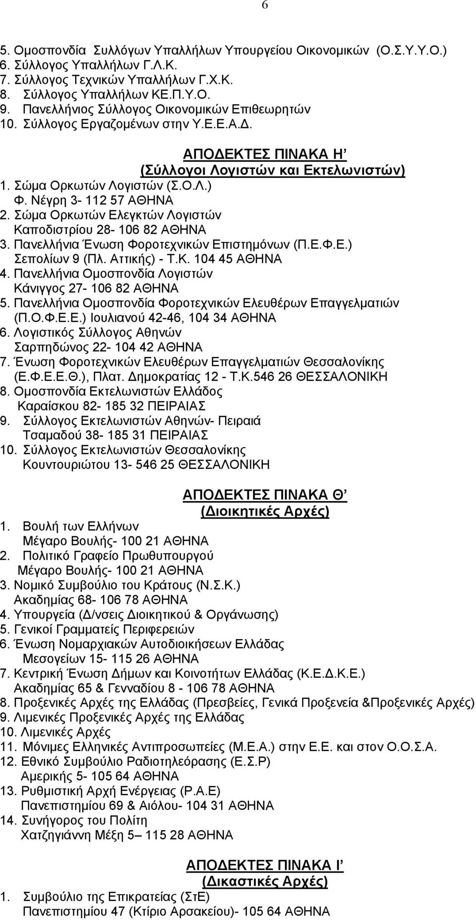 Νέγρη 3-112 57 ΑΘΗΝΑ 2. Σώμα Ορκωτών Ελεγκτών Λογιστών Καποδιστρίου 28-106 82 ΑΘΗΝΑ 3. Πανελλήνια Ένωση Φοροτεχνικών Επιστημόνων (Π.Ε.Φ.Ε.) Σεπολίων 9 (Πλ. Αττικής) - Τ.Κ. 104 45 ΑΘΗΝΑ 4.