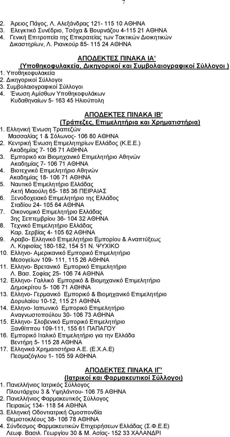 Ένωση Αμίσθων Υποθηκοφυλάκων Κυδαθηναίων 5-163 45 Ηλιούπολη ΑΠΟΔΕΚΤΕΣ ΠΙΝΑΚΑ ΙΒ (Τράπεζες, Επιμελητήρια και Χρηματιστήρια) 1. Ελληνική Ένωση Τραπεζών Μασσαλίας 1 & Σόλωνος- 106 80 ΑΘΗΝΑ 2.