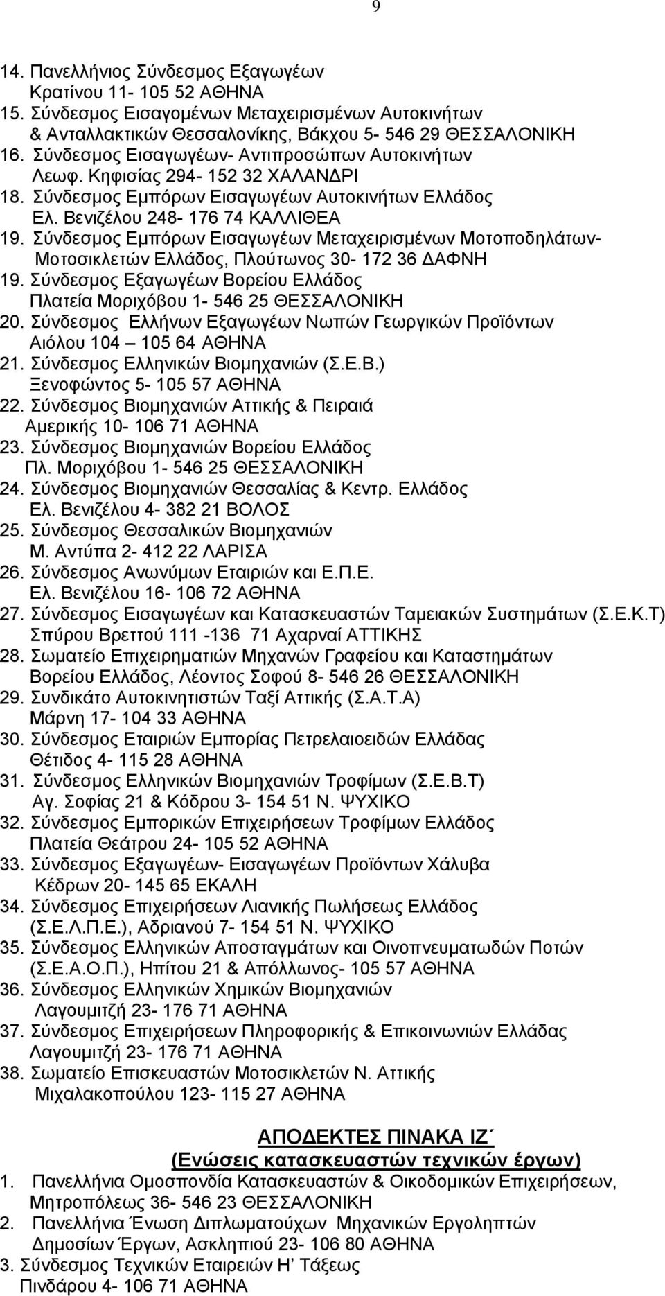 Σύνδεσμος Εμπόρων Εισαγωγέων Μεταχειρισμένων Μοτοποδηλάτων- Μοτοσικλετών Ελλάδος, Πλούτωνος 30-172 36 ΔΑΦΝΗ 19. Σύνδεσμος Εξαγωγέων Βορείου Ελλάδος Πλατεία Μοριχόβου 1-546 25 ΘΕΣΣΑΛΟΝΙΚΗ 20.