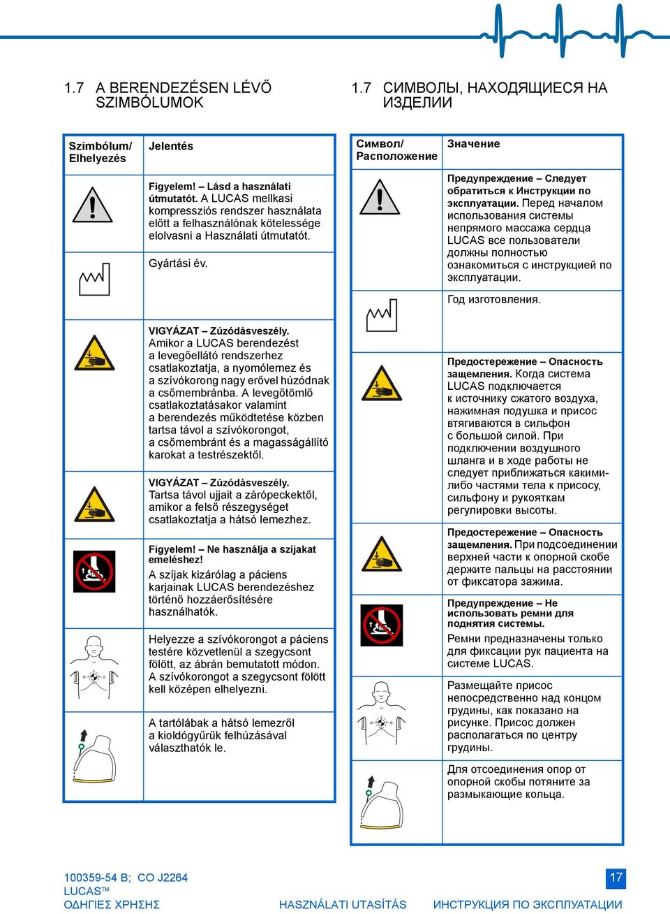 Перед началом использования системы непрямого массажа сердца LUCAS все пользователи должны полностью ознакомиться с инструкцией по эксплуатации. Год изготовления. VIGYÁZAT Zúzódásveszély.