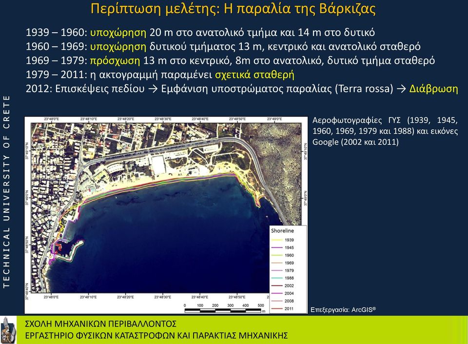 δυτικό τμιμα ςτακερό 1979 2011: θ ακτογραμμι παραμζνει ςχετικά ςτακερι 2012: Επιςκζψεισ πεδίου Εμφάνιςθ υποςτρϊματοσ παραλίασ