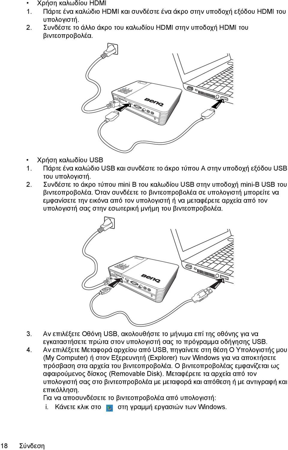 Συνδέστε το άκρο τύπου mini B του καλωδίου USB στην υποδοχή mini-b USB του βιντεοπροβολέα.