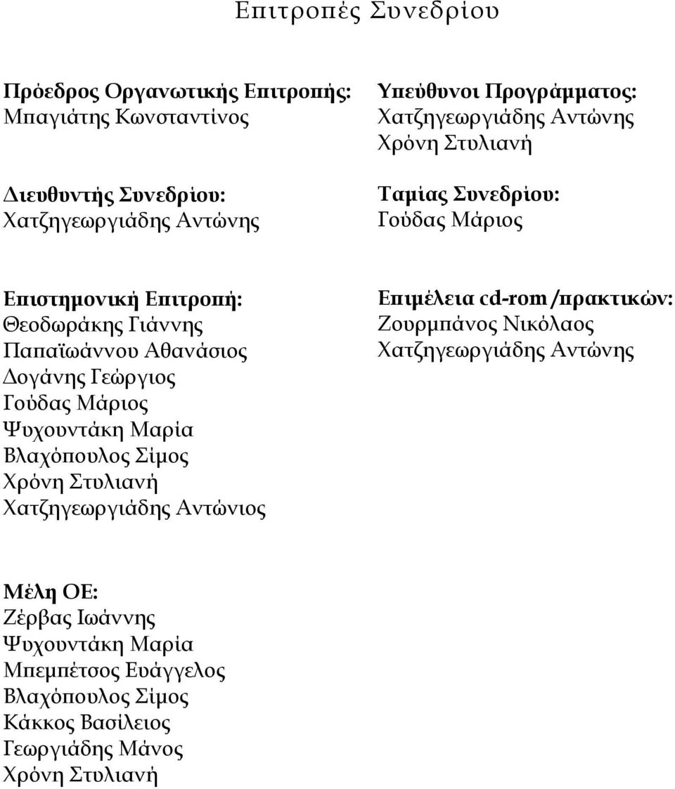 Γεώργιος Γούδας Μάριος Ψυχουντάκη Μαρία Βλαχόπουλος Σίμος Χρόνη Στυλιανή Χατζηγεωργιάδης Αντώνιος Επιμέλεια cd-rom /πρακτικών: Ζουρμπάνος Νικόλαος