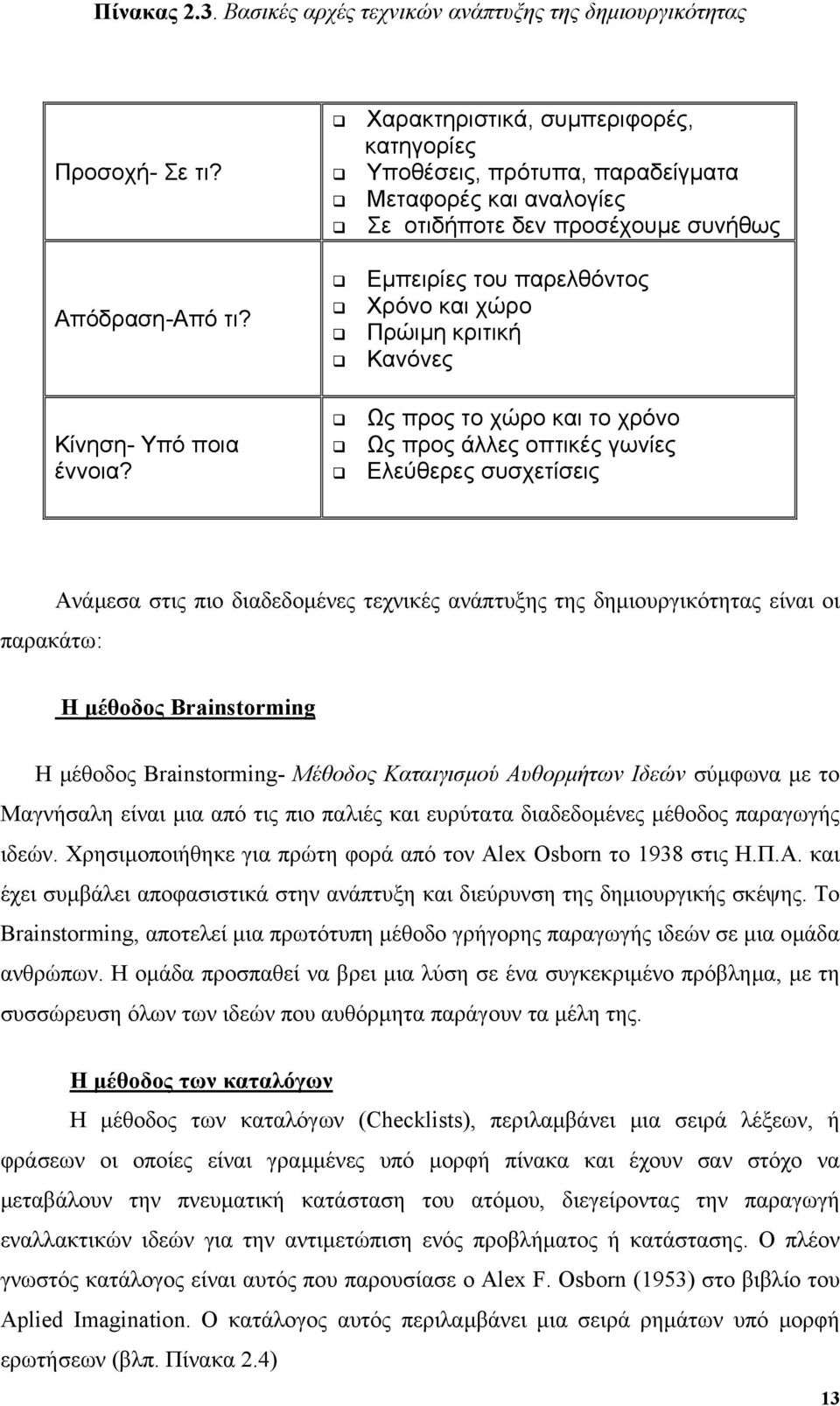 Ως προς το χώρο και το χρόνο Ως προς άλλες οπτικές γωνίες Ελεύθερες συσχετίσεις παρακάτω: Ανάµεσα στις πιο διαδεδοµένες τεχνικές ανάπτυξης της δηµιουργικότητας είναι οι Η µέθοδος Brainstorming Η