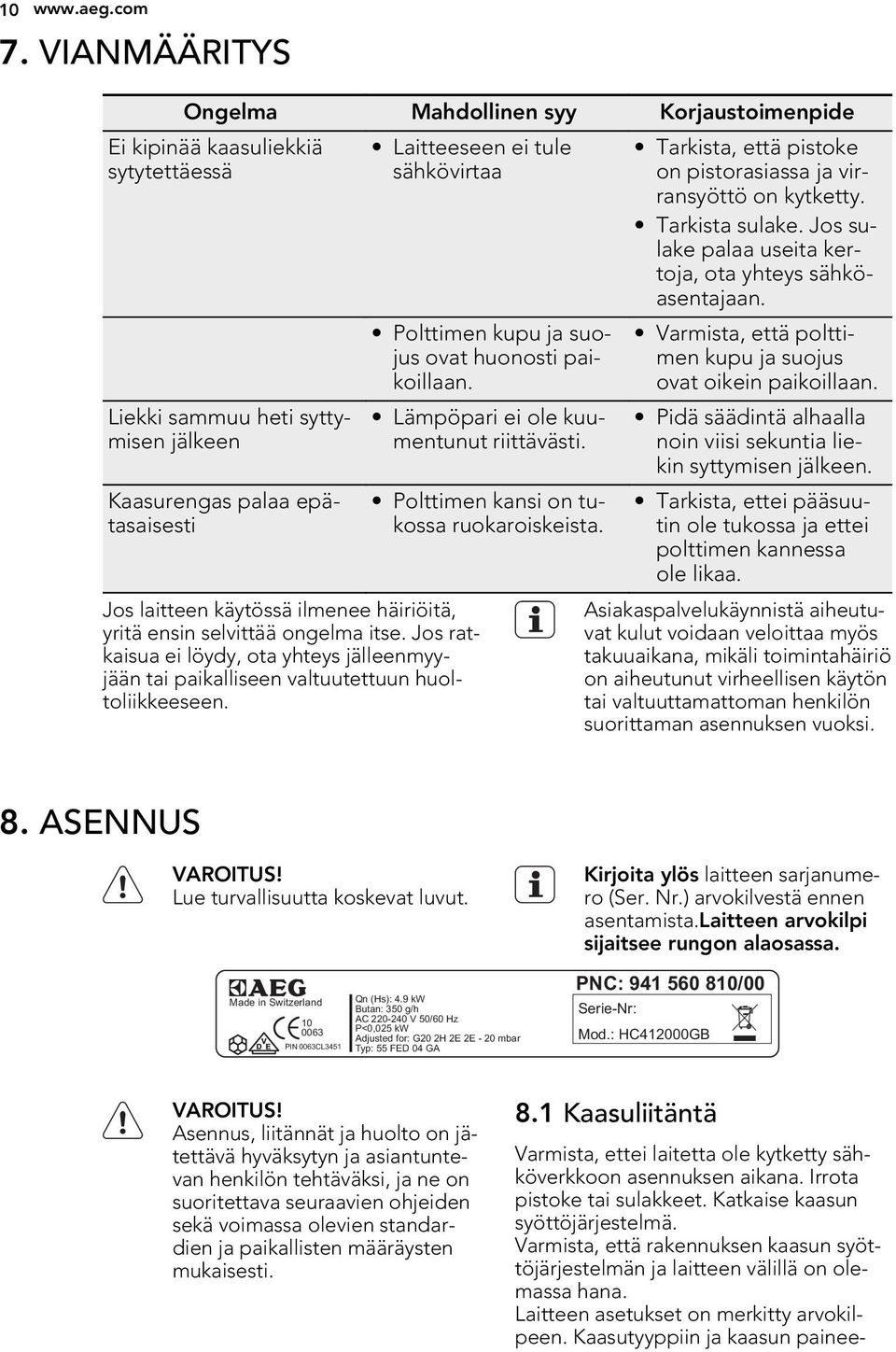 Polttimen kupu ja suojus ovat huonosti paikoillaan. Lämpöpari ei ole kuumentunut riittävästi. Polttimen kansi on tukossa ruokaroiskeista.