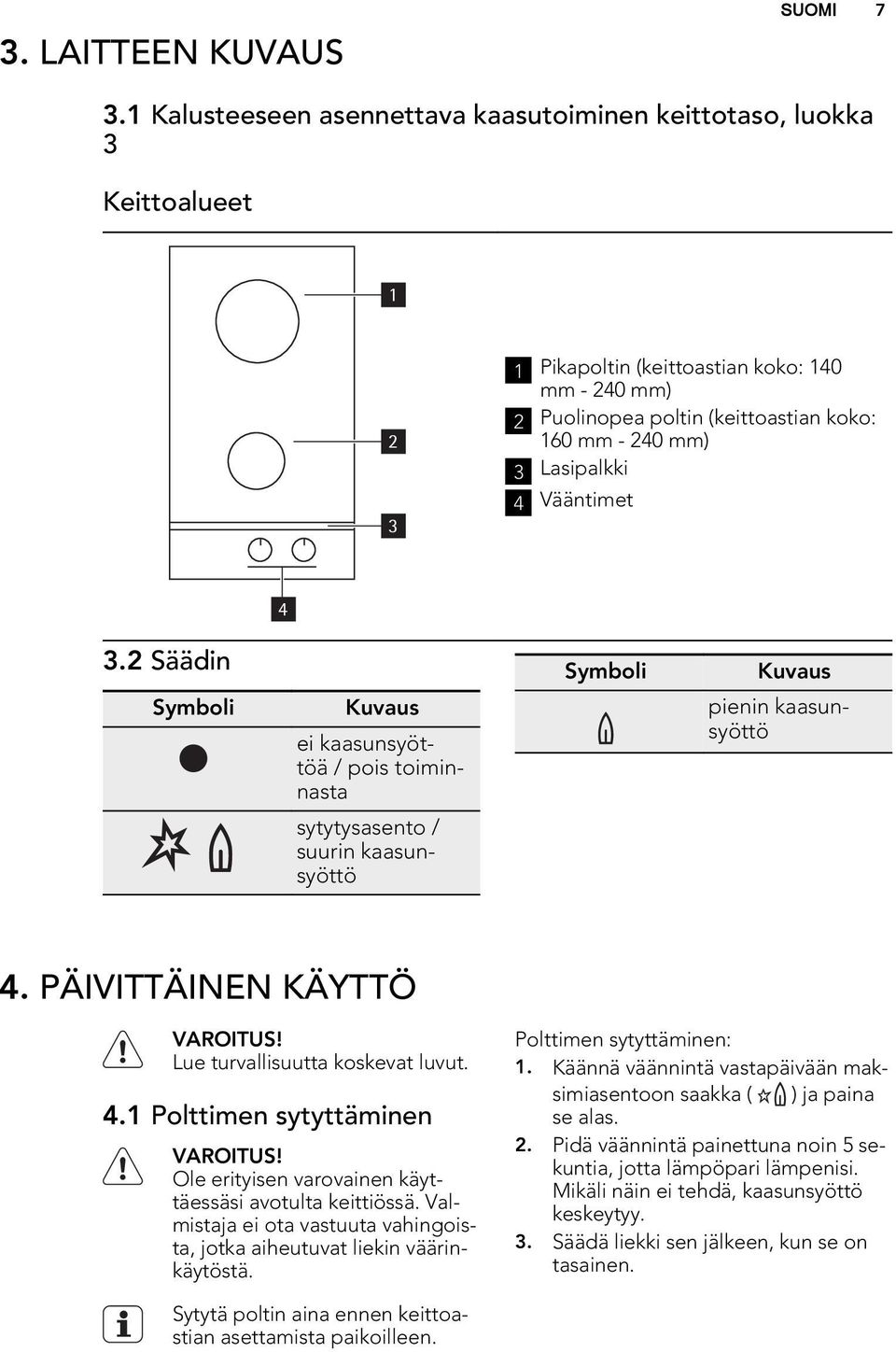 Lasipalkki 4 Vääntimet 4 3.2 Säädin Symboli Kuvaus ei kaasunsyöttöä / pois toiminnasta sytytysasento / suurin kaasunsyöttö Symboli Kuvaus pienin kaasunsyöttö 4. PÄIVITTÄINEN KÄYTTÖ VAROITUS!