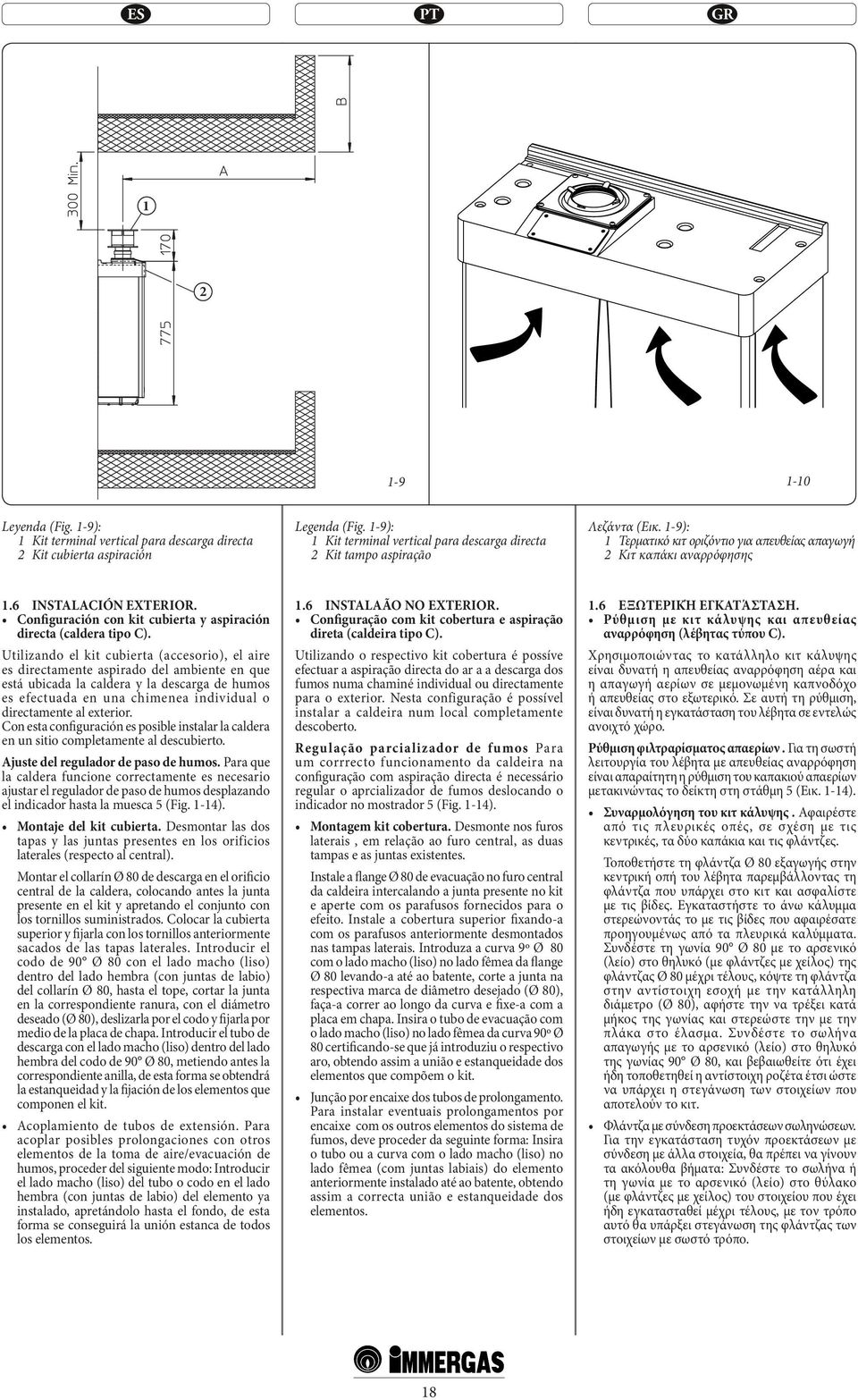 Configuración con kit cubierta y aspiración directa (caldera tipo C).