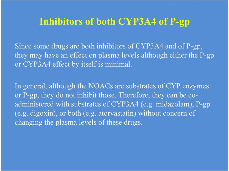 In general, although the NOACs are substrates of CYP enzymes or P-gp, they do not inhibit those.