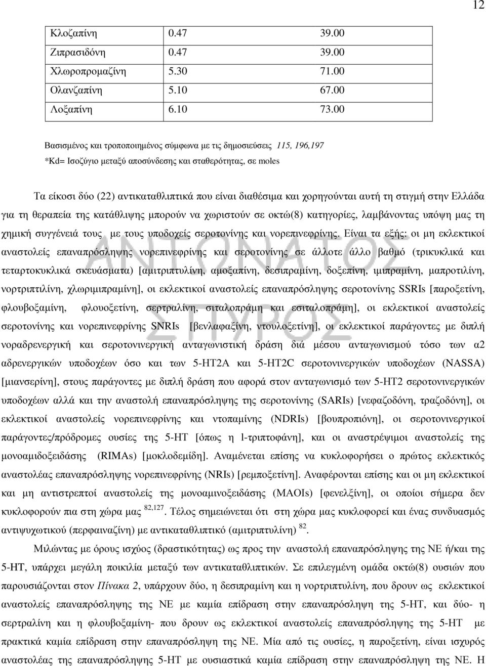 χορηγούνται αυτή τη στιγµή στην Ελλάδα για τη θεραπεία της κατάθλιψης µπορούν να χωριστούν σε οκτώ(8) κατηγορίες, λαµβάνοντας υπόψη µας τη χηµική συγγένειά τους µε τους υποδοχείς σεροτονίνης και