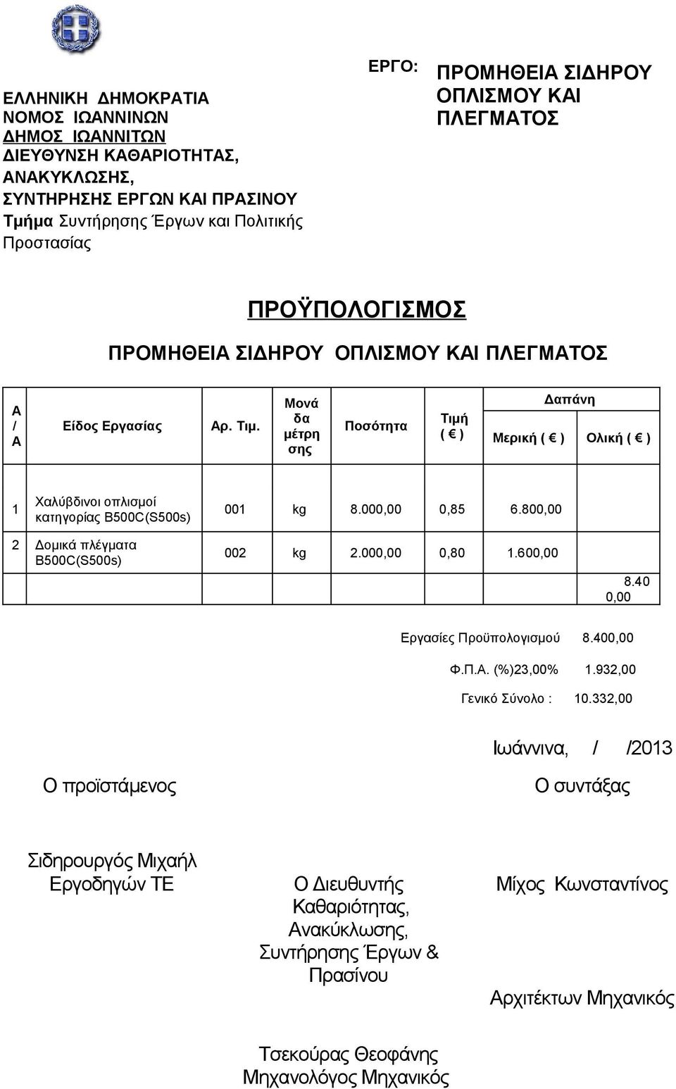 800,00 2 Δομικά πλέγματα Β500C(S500s) 002 kg 2.000,00 0,80 1.600,00 8.40 0,00 Εργασίες Προϋπολογισμού 8.400,00 Φ.Π.Α. (%)23,00% 1.