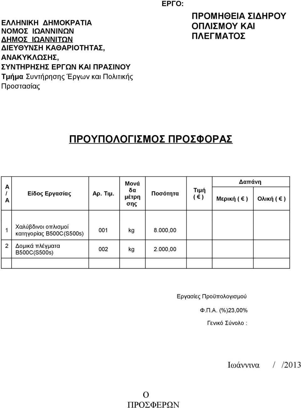 οπλισμοί κατηγορίας Β500C(S500s) 001 kg 8.