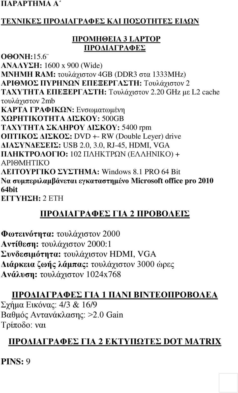 20 GHz με L2 cache τουλάχιστον 2mb ΚΑΡΤΑ ΓΡΑΦΙΚΩΝ: Ενσωματωμένη ΧΩΡΗΤΙΚΟΤΗΤΑ ΔΙΣΚΟΥ: 500GB ΤΑΧΥΤΗΤΑ ΣΚΛΗΡΟΥ ΔΙΣΚΟΥ: 5400 rpm ΟΠΤΙΚΟΣ ΔΙΣΚΟΣ: DVD +- RW (Double Leyer) drive ΔΙΑΣΥΝΔΕΣΕΙΣ: USB 2.0, 3.