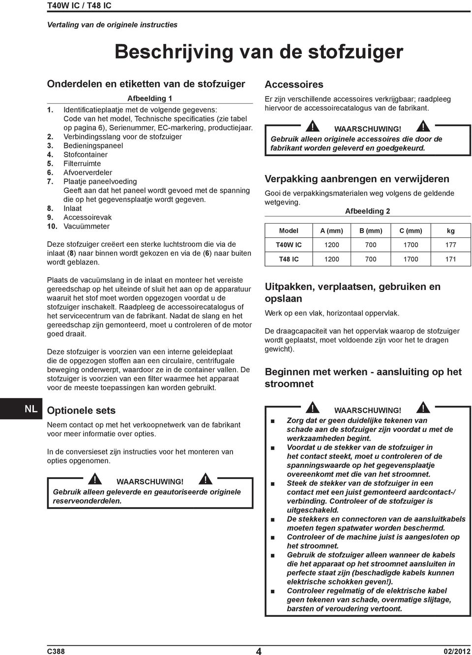 Bedieningspaneel 4. Stofcontainer 5. Filterruimte 6. Afvoerverdeler 7. Plaatje paneelvoeding Geeft aan dat het paneel wordt gevoed met de spanning die op het gegevensplaatje wordt gegeven. 8.