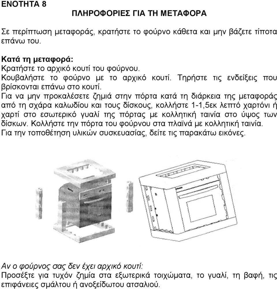 Για να μην προκαλέσετε ζημιά στην πόρτα κατά τη διάρκεια της μεταφοράς από τη σχάρα καλωδίου και τους δίσκους, κολλήστε 1-1,5εκ λεπτό χαρτόνι ή χαρτί στο εσωτερικό γυαλί της πόρτας με κολλητική