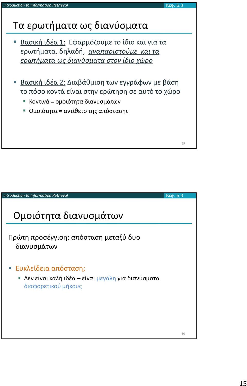 σε αυτό το χώρο Κοντινά = ομοιότητα διανυσμάτων Ομοιότητα αντίθετο της απόστασης 29 Ομοιότητα διανυσμάτων Πρώτη