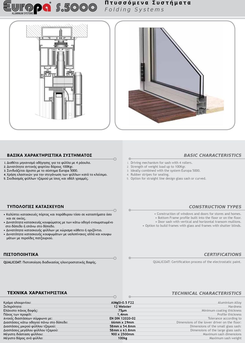 Ideally combined with the system Europa 5000. Rubber stripes for sealing. Option for straight line design glass sash or curved.