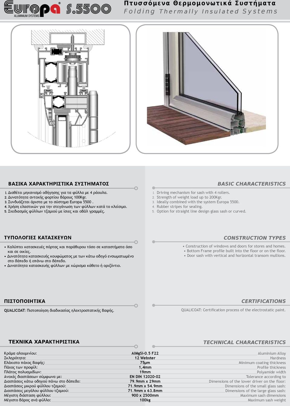 . Driving mechanism for sash with rollers. Strength of weight load up to 200Kgr. Ideally combined with the system Europa 5500. Rubber stripes for sealing.