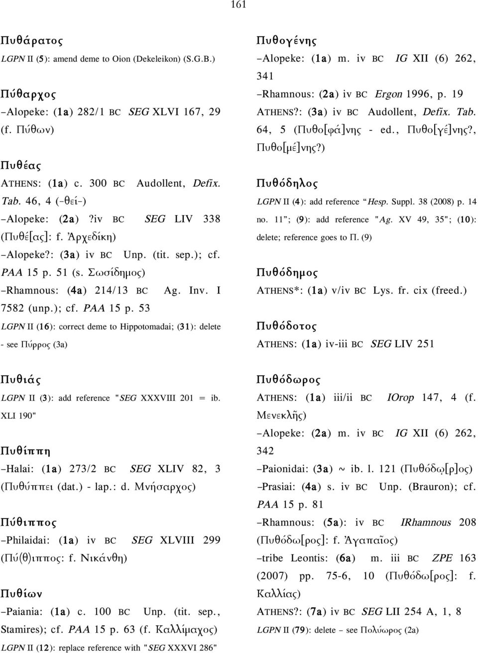 51 (s. Σωσίδηµος) Rhamnous: (4a) 214/13 BC Ag. Inv. I 7582 (unp.); cf. PAA 15 p. 53 LGPN II (16): correct deme to Hippotomadai; (31): delete - see Πύρρος (3a) Πυθογένης Alopeke: (1a) m.