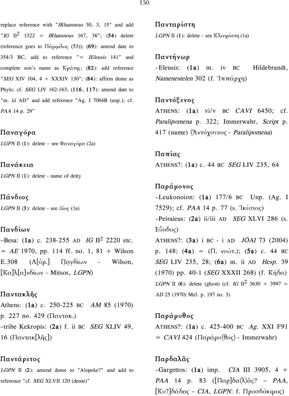 I 7064B (unp.); cf. PAA 14 p. 29" Παναγόρα LGPN II (1): delete see Φαναγόρα (2a) Πανάκεια LGPN II (1): delete - name of deity Πάνδιος LGPN II (3): delete - see Δῖος (1a) Πανδίων Besa: (1a) c.