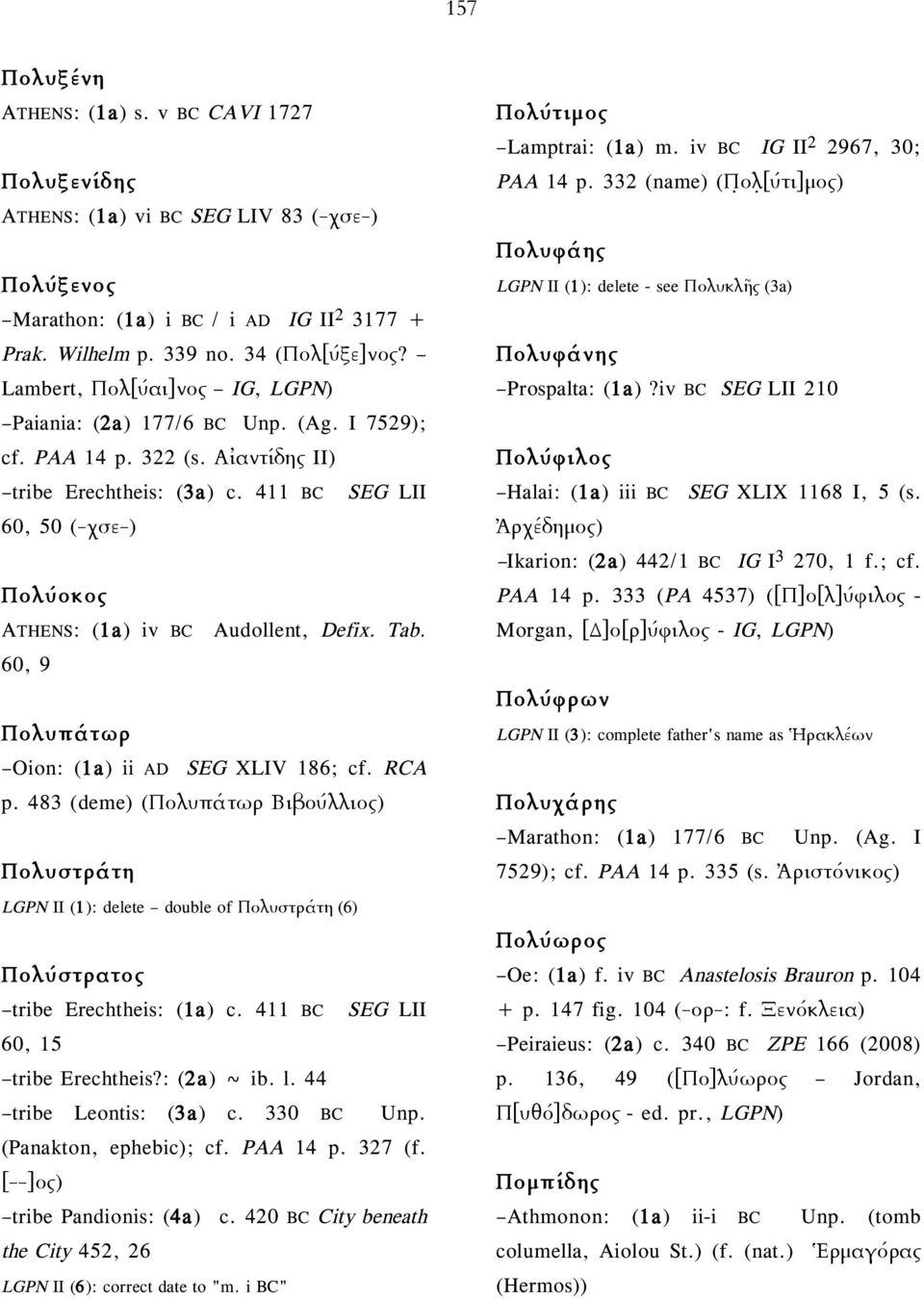 411 BC SEG LII 60, 50 (-χσε-) Πολύοκος ATHENS: (1a) iv BC Audollent, Defix. Tab. 60, 9 Πολυπάτωρ Oion: (1a) ii AD SEG XLIV 186; cf. RCA p.