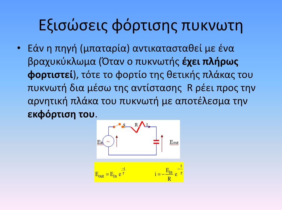 θετικής πλάκας του πυκνωτή δια μέσω της αντίστασης R ρέει προς την