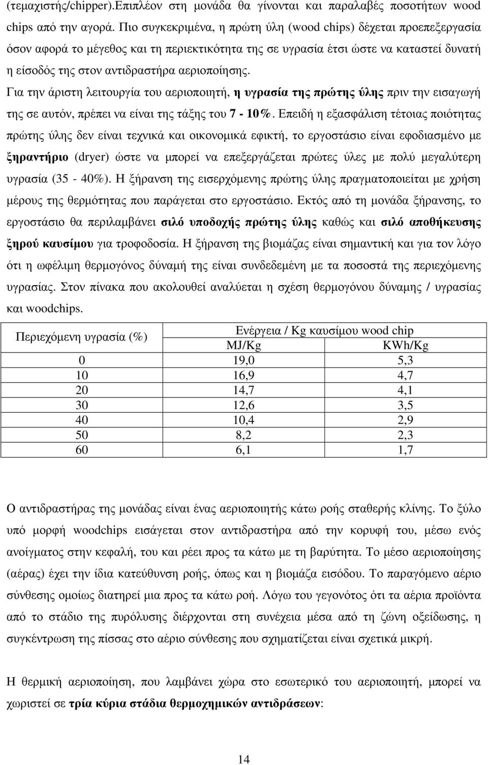 Για την άριστη λειτουργία του αεριοποιητή, η υγρασία της πρώτης ύλης πριν την εισαγωγή της σε αυτόν, πρέπει να είναι της τάξης του 7-10%.