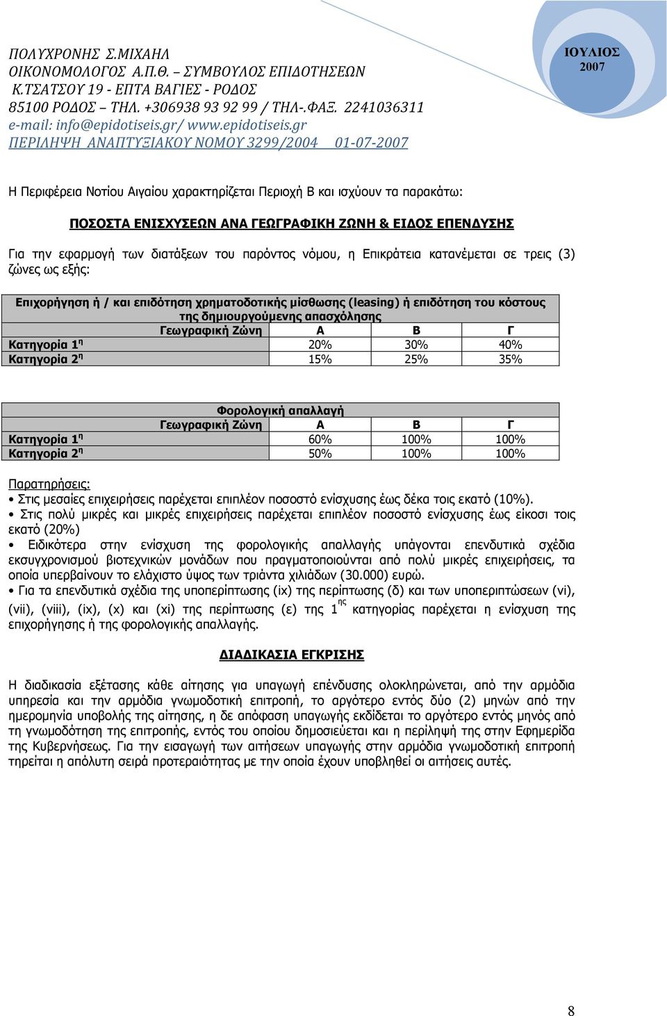 30% 40% Κατηγορία 2 η 15% 25% 35% Φορολογική απαλλαγή Γεωγραφική Ζώνη Α Β Γ Κατηγορία 1 η 60% 100% 100% Κατηγορία 2 η 50% 100% 100% Παρατηρήσεις: Στις µεσαίες επιχειρήσεις παρέχεται επιπλέον ποσοστό