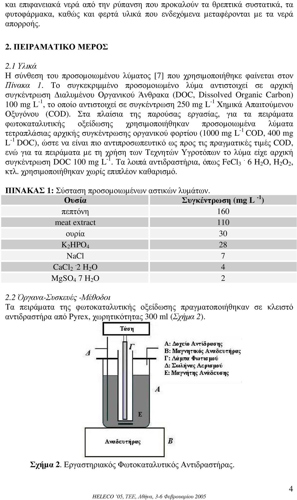 Το συγκεκριµµένο προσοµοιωµένο λύµα αντιστοιχεί σε αρχική συγκέντρωση ιαλυµένου Οργανικού Άνθρακα (DOC, Dissolved Organic Carbon) 100 mg L -1, το οποίο αντιστοιχεί σε συγκέντρωση 250 mg L -1 Χηµικά