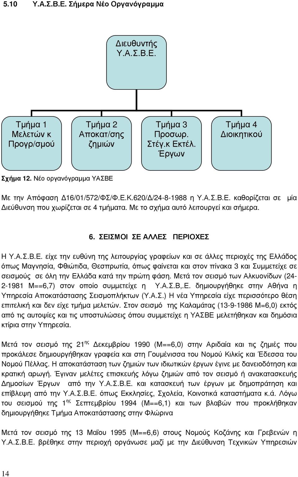 ΣΕΙΣΜΟΙ ΣΕ ΑΛΛΕΣ ΠΕΡΙΟΧΕΣ H Υ.Α.Σ.Β.Ε. είχε την ευθύνη της λειτουργίας γραφείων και σε άλλες περιοχές της Ελλάδος όπως Μαγνησία, Φθιώτιδα, Θεσπρωτία, όπως φαίνεται και στον πίνακα 3 και Συµµετείχε σε