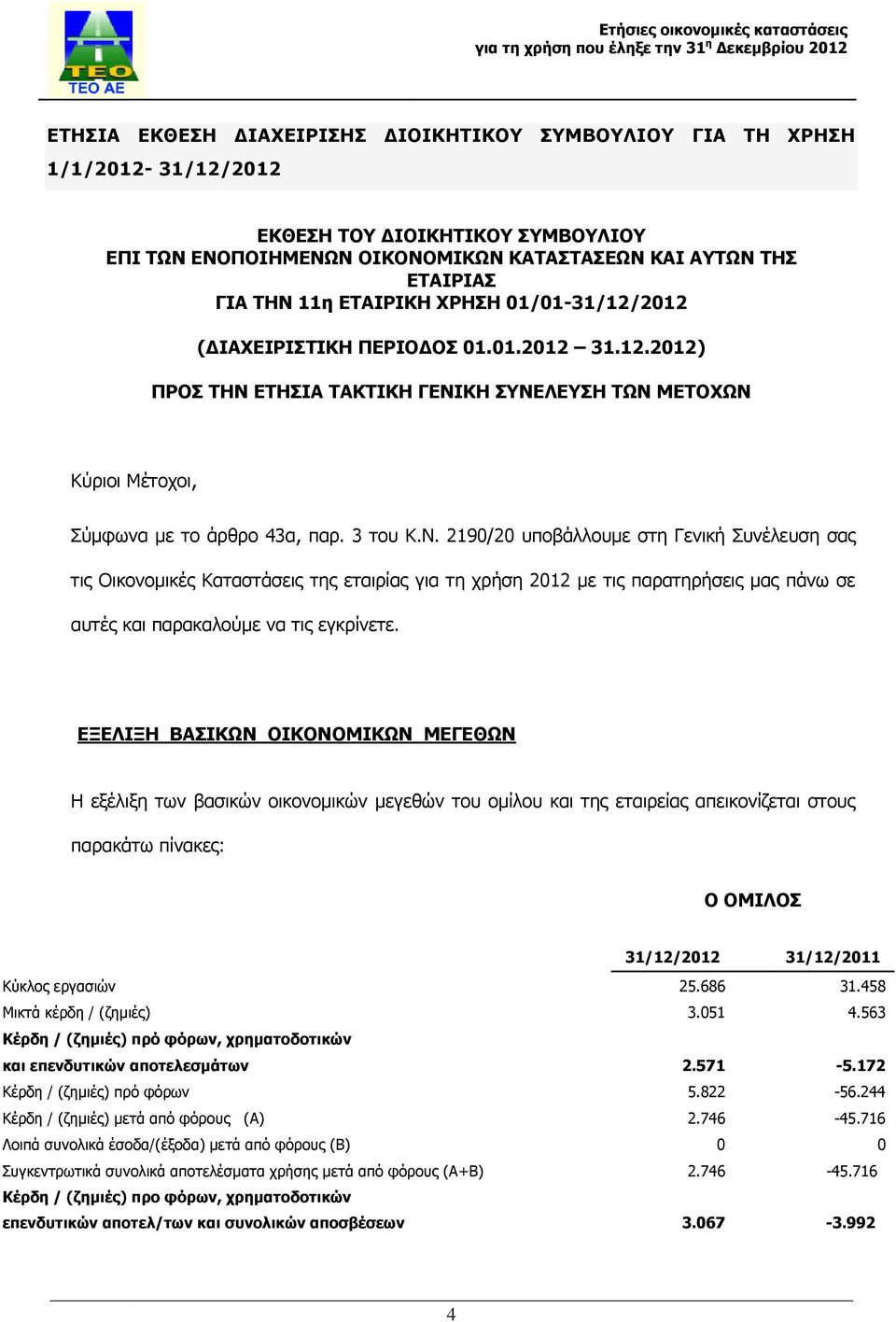 ΕΤΗΣΙΑ ΤΑΚΤΙΚΗ ΓΕΝΙΚΗ ΣΥΝΕΛΕΥΣΗ ΤΩΝ ΜΕΤΟΧΩΝ Κύριοι Μέτοχοι, Σύμφωνα με το άρθρο 43α, παρ. 3 του Κ.Ν. 2190/20 υποβάλλουμε στη Γενική Συνέλευση σας τις Οικονομικές Καταστάσεις της εταιρίας για τη χρήση 2012 με τις παρατηρήσεις μας πάνω σε αυτές και παρακαλούμε να τις εγκρίνετε.