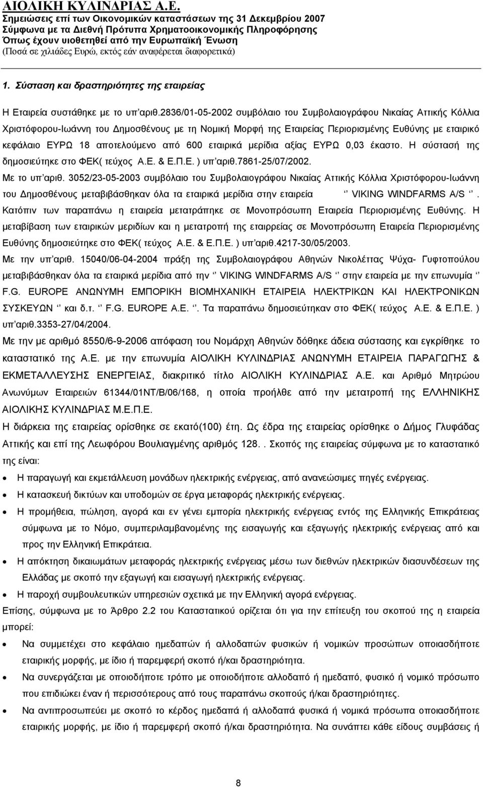 αποτελούμενο από 600 εταιρικά μερίδια αξίας ΕΥΡΩ 0,03 έκαστο. Η σύστασή της δημοσιεύτηκε στο ΦΕΚ( τεύχος Α.Ε. & Ε.Π.Ε. ) υπ αριθ.7861-25/07/2002. Με το υπ αριθ.