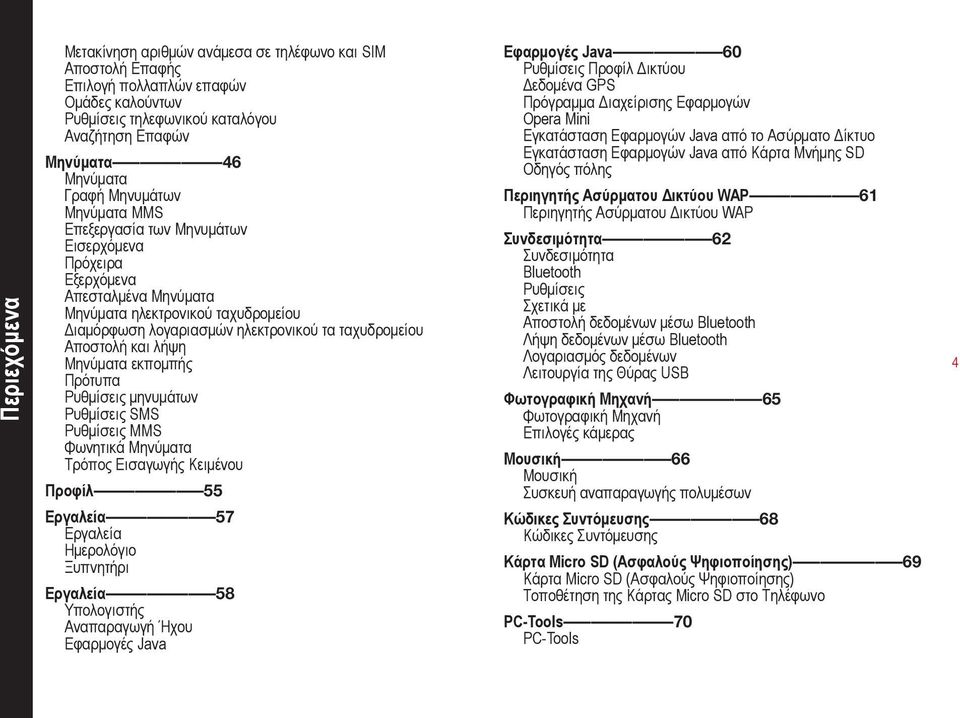 και λήψη Μηνύματα εκπομπής Πρότυπα Ρυθμίσεις μηνυμάτων Ρυθμίσεις SMS Ρυθμίσεις MMS Φωνητικά Μηνύματα Τρόπος Εισαγωγής Κειμένου Προφίλ 55 Εργαλεία 57 Εργαλεία Ημερολόγιο Ξυπνητήρι Εργαλεία 58